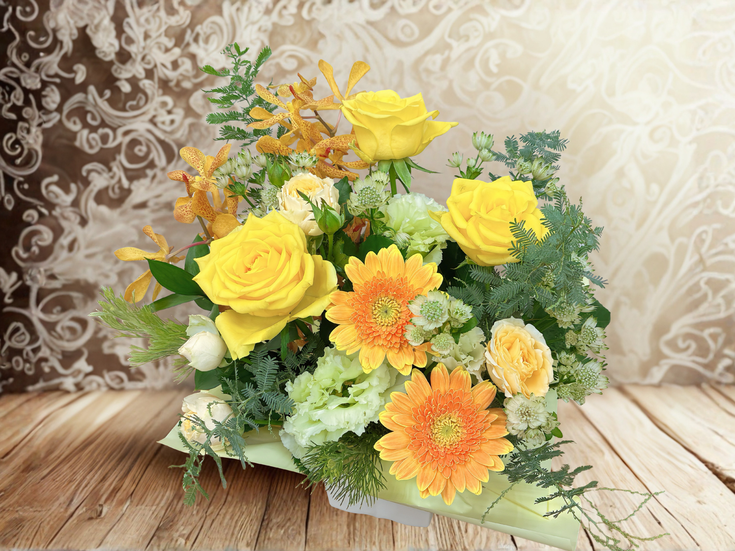 【陽だまりの祝福】イエロー&オレンジのビタミンカラーアレンジメント