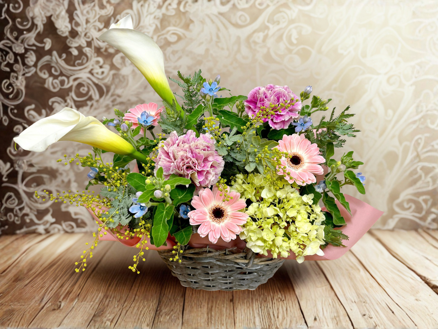 【やさしさを束ねて】カラーとガーベラのナチュラルアレンジメント