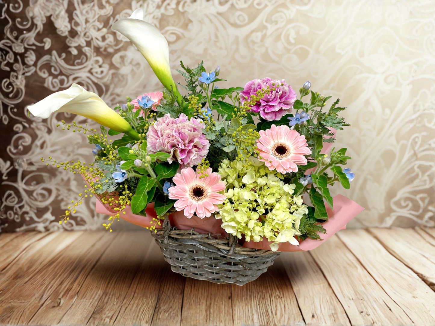 【やさしさを束ねて】カラーとガーベラのナチュラルアレンジメント