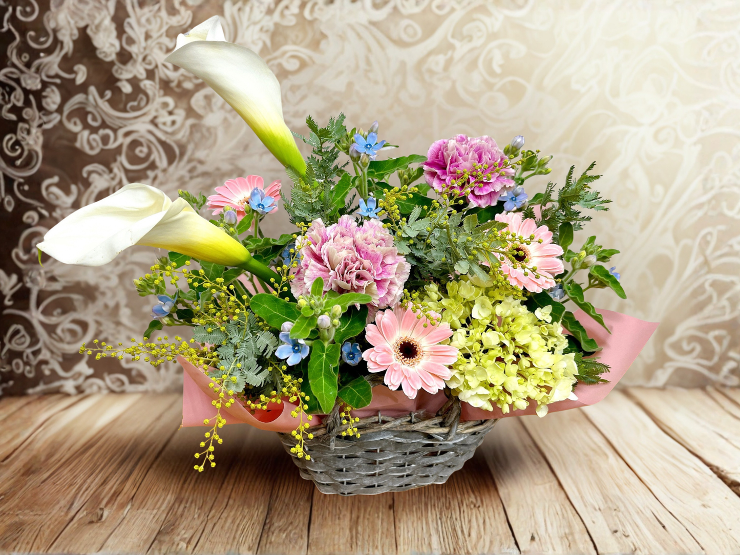 【やさしさを束ねて】カラーとガーベラのナチュラルアレンジメント